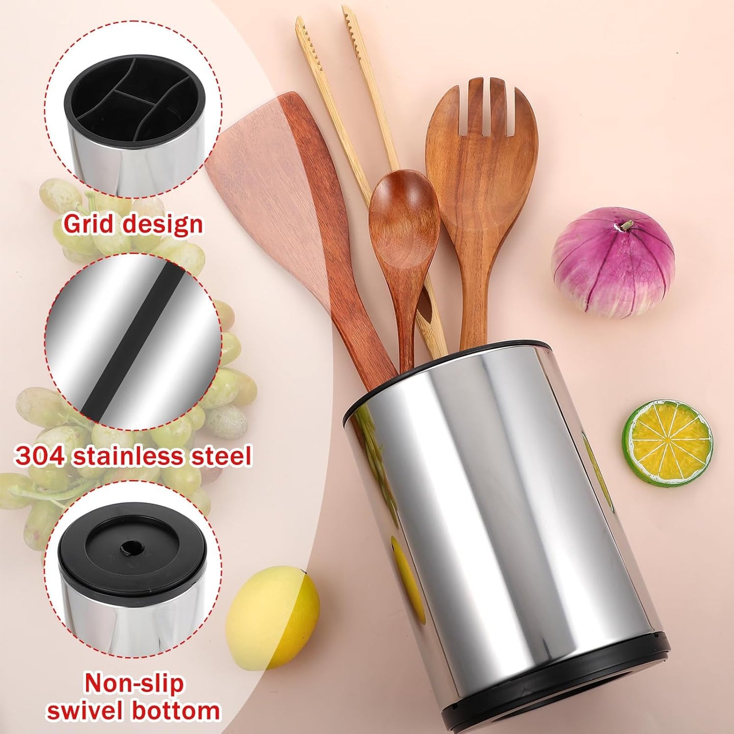 2 Pack 360° Rotating Stainless Steel Utensil Holder for Countertop, 4-Compartment Kitchen Organizer with Non-Slip Base, Large Capacity Spoon Fork Knife Crock for Cooking Tools Storage