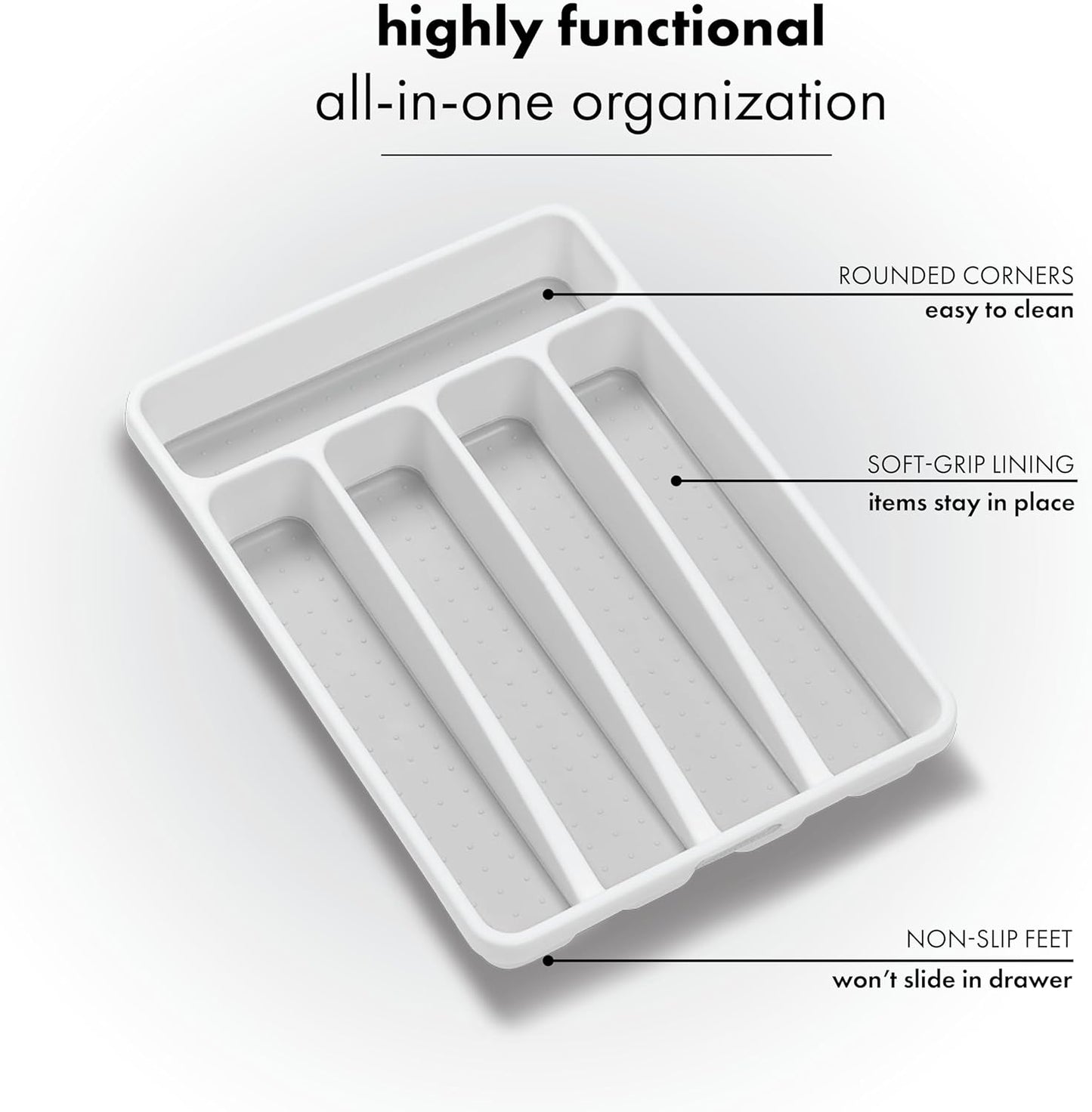 madesmart Small Silverware Tray, Compact 5 Compartment Flatware Organizer for Forks, Knives & Spoons, Non Slip, Soft Grip Lining, Fits Small Drawers, White