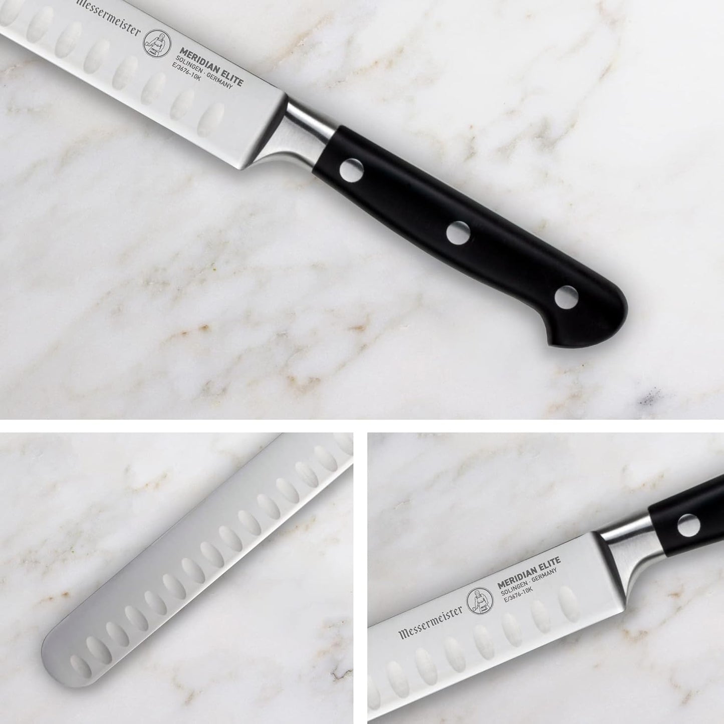 Messermeister Meridian Elite 10” Round-Tip Kullenschliff Slicer Knife - Fine German Steel Alloy Blade - Rust Resistant & Easy to Maintain