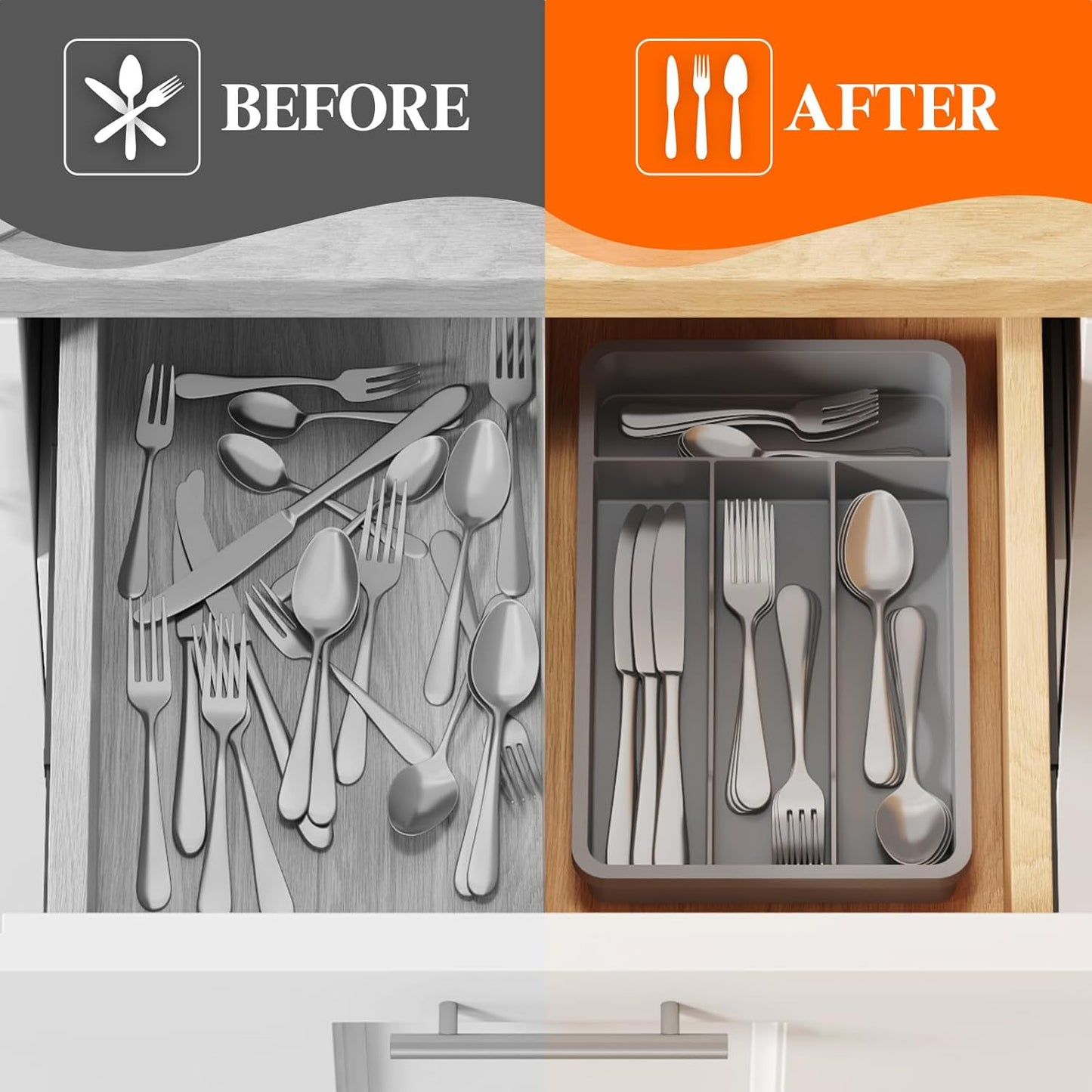 Lifewit Silverware Drawer Organizer Tray, Plastic Cutlery Storage for Kitchen, Flatware and Utensil Holder Divider for Spoons Forks Knives Tableware, 9.1 x 12.6", 5 Slots, Black