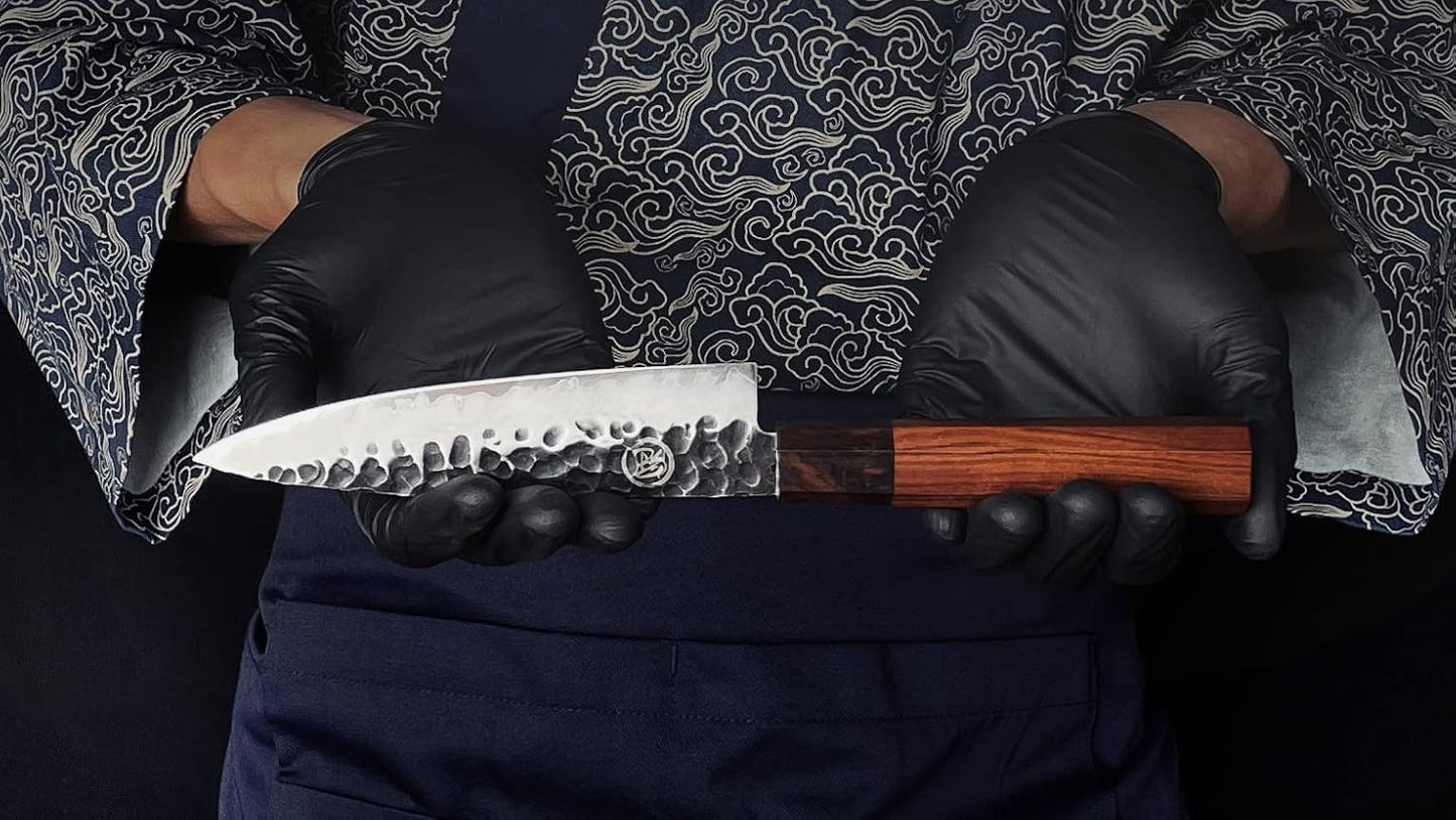 GRAND SHARP 5 inch Japanese Santoku Chef Knife, AUS10 3-layer High Carbon Stainless Steel Kitchen Cooking Knife, Professional Hand Forged Chef's Knives (Rosewood Handle & Gift Box& Sheath)
