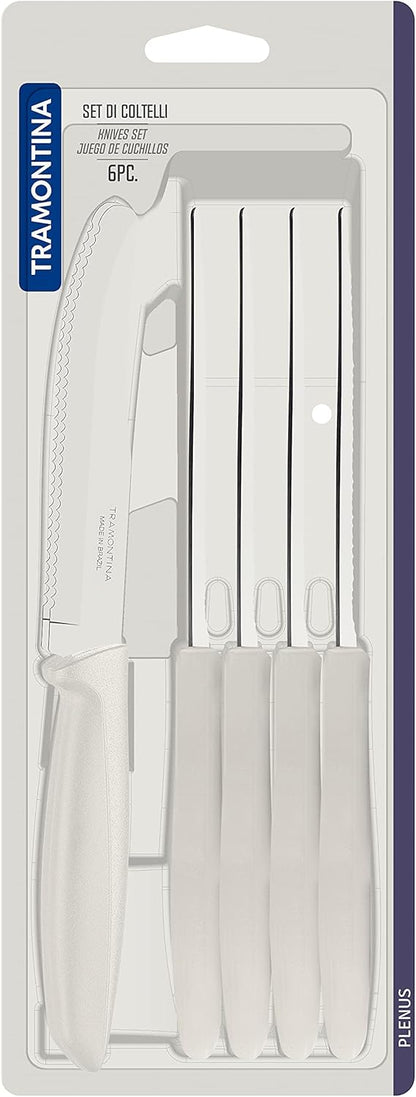 Tramontina Kitchen Knives Set of 6, Serrated Fruit Tomato Cooking Knife, Vegetable Chopper Peeler, Stainless Steel, Multipurpose, Pointed Tip, Brown, 23498454