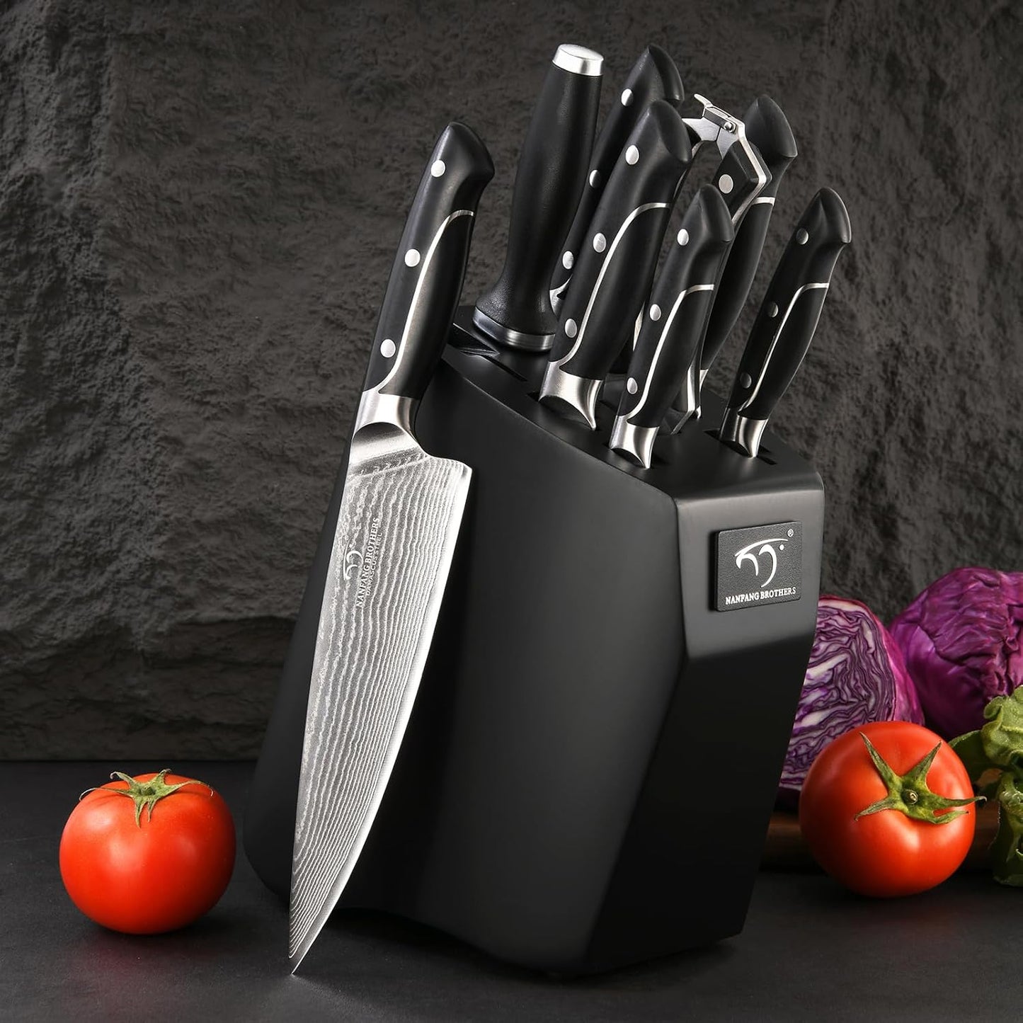 18 Pieces Damascus Kitchen Knife Set, 8 Piece Steak Knives, Non-slip ABS Ergonomic Triple Rivet Handle for Meat Fork, Knife Sharpener and Shears, 17 Slots Fraxinus Manchuria Knife Block (Grey)