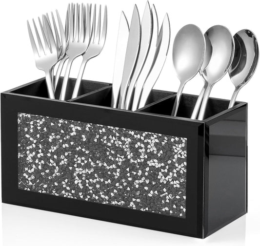 SHYFOY Silverware Holder, Black Glass Mirror Utensil Caddy, 3-Slot Silverware Organizer with Crystal Diamonds, Cutlery Holder for Party, Fork Spoon Knife Organizer