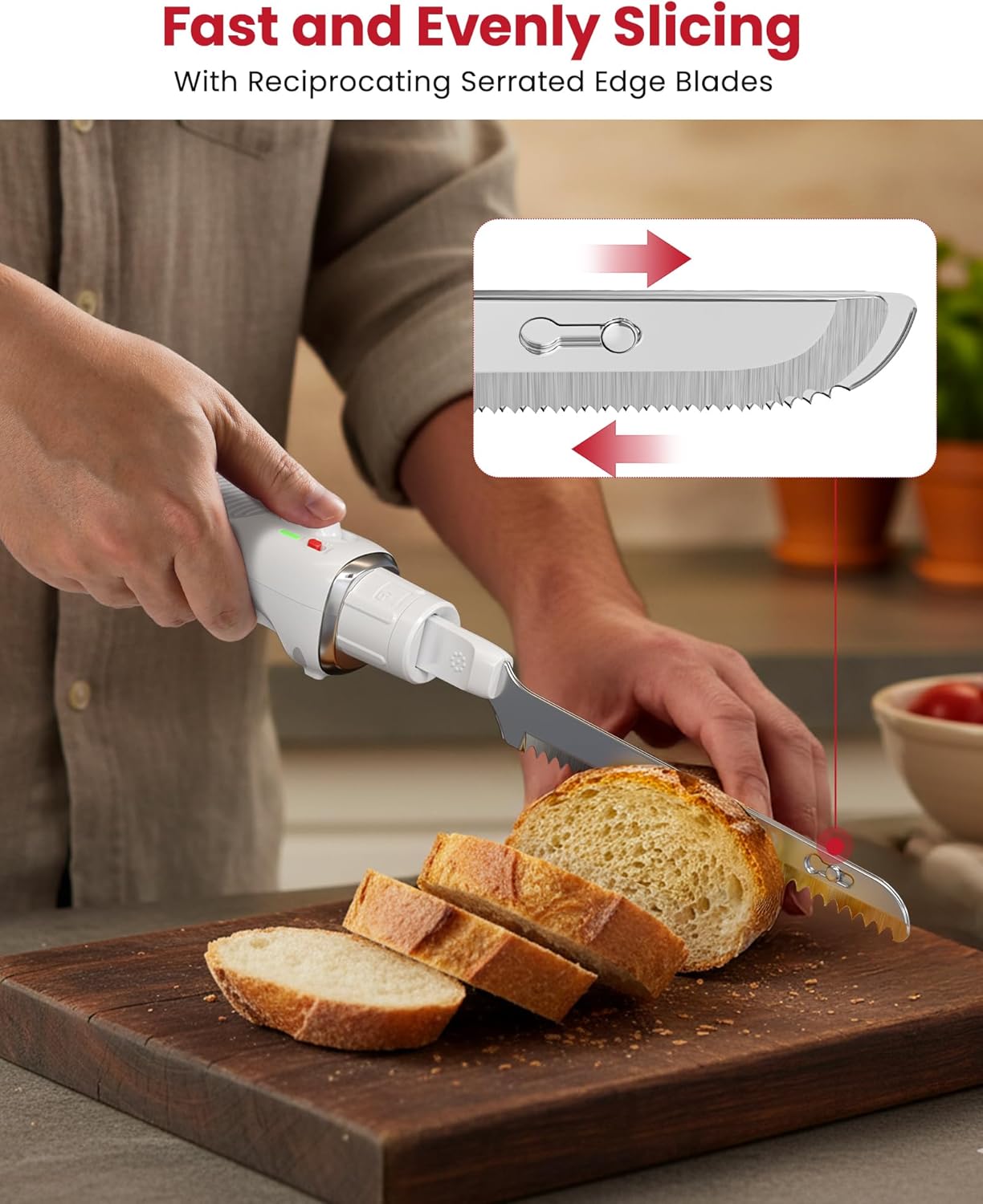Keenstone Cordless Electric Knife, Upgraded Serrated Blade for Turkey, Meat Slicing, Fish Fillet & Bread, Ergonomic Design with Comfortable Contoured Grip for Kitchen & BBQ, USB-C Rechargeable