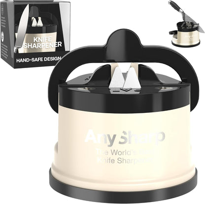AnySharp – PRO – Hands Free Knife Sharpener - Easy to Use Sharpening Tool with PowerGrip Suction Base and 20-Degree Pre-set Angle - For All Knives: Chef’s, Serrated, and Hardened Steel - Metal