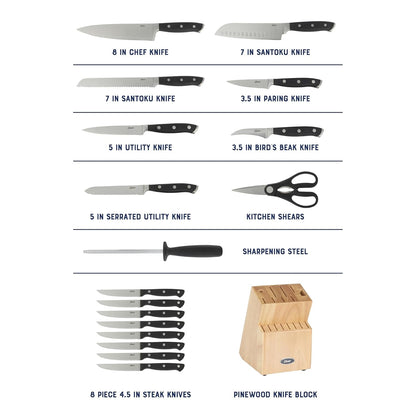Oster Evansville 14 Piece Cutlery Kitchen Knife Block Set, Stainless Steel w/Linen White Handles - Cuchillos Para Cocina