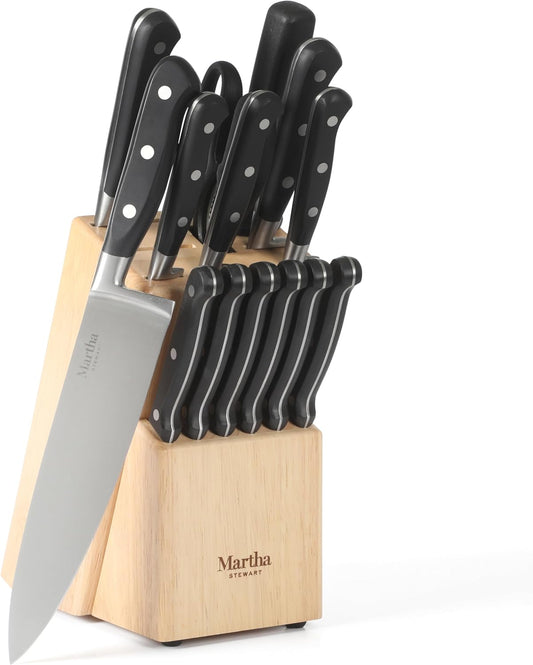 Martha Stewart Carverton 15 Piece High Carbon Stainless Steel Cutlery Kitchen Knife Block Set w/ABS Triple Riveted Forged Handle Wood Block - Black