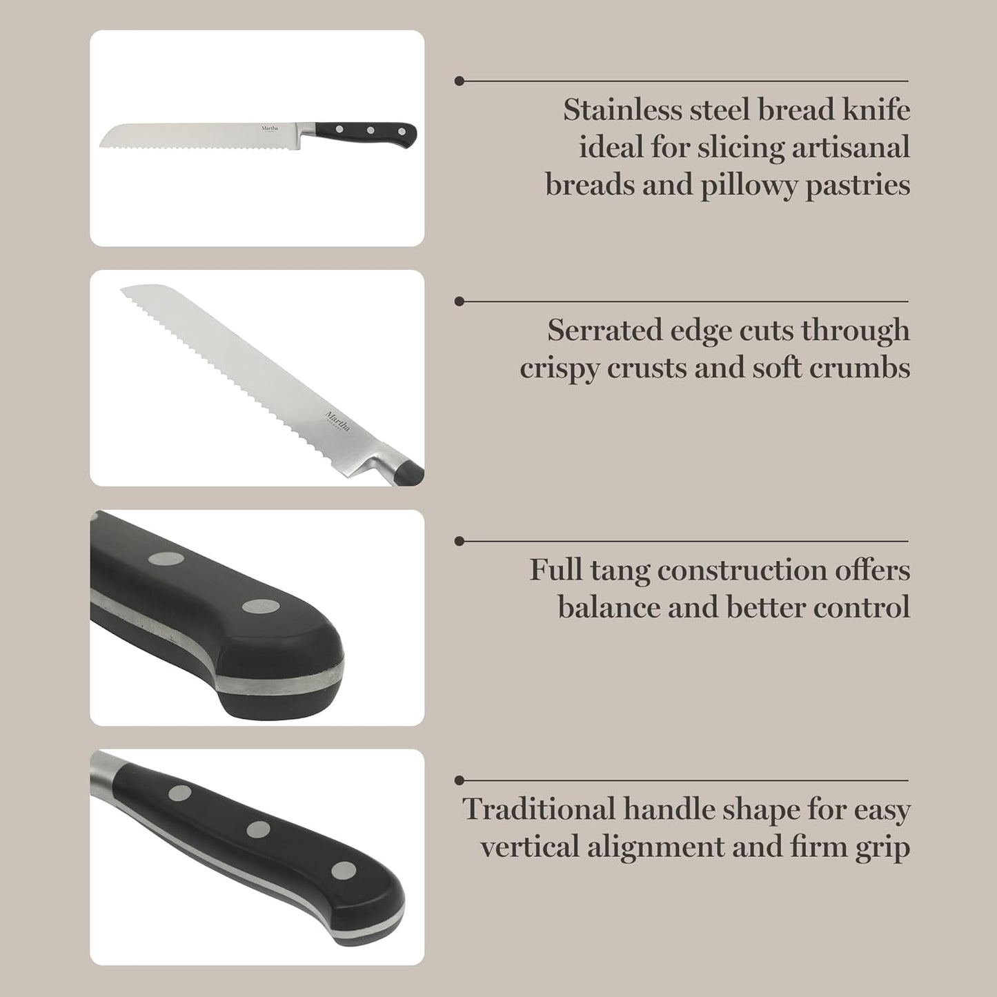 Martha Stewart Carverton 10" Hollow Edge Slicer Knife, High Carbon Stainless Steel Kitchen Knives w/Black Triple Riveted Handle