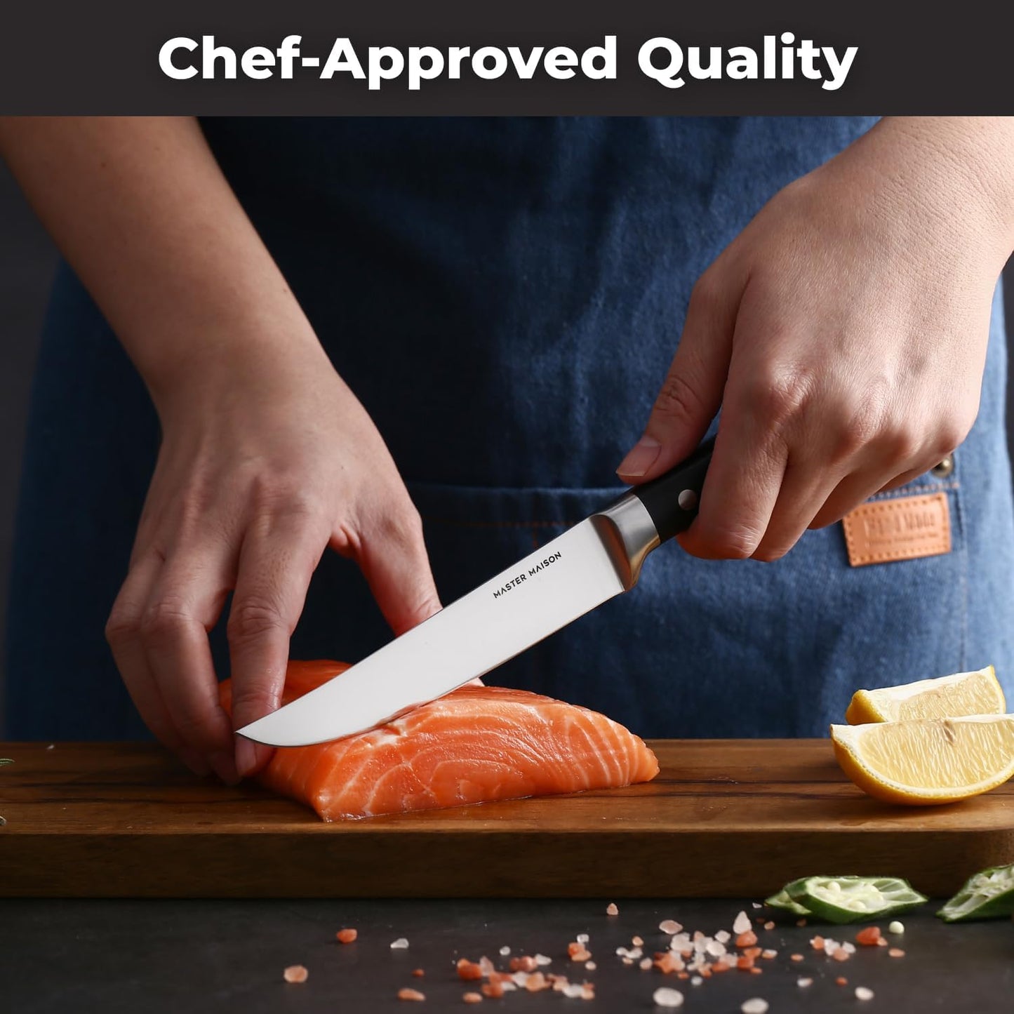 Master Maison 4-Piece 5" Ultra Premium Steak Knife Set | 4 German Non-Serrated Stainless Steel Kitchen Steak Knives + Wood Chef Gift Box | Anti-Fatigue Ergonomic Full-Tang Triple-Riveted Handle, Black
