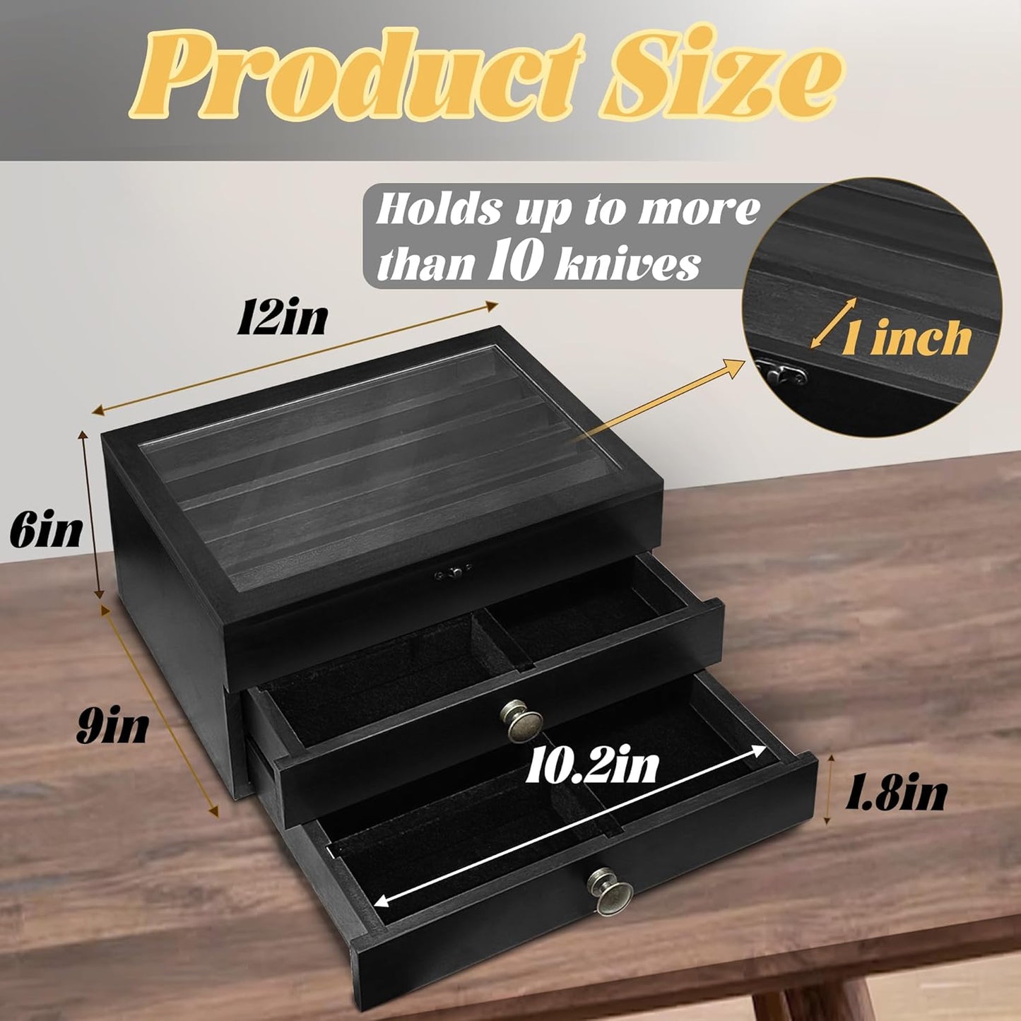 Knife Display Case,2 Layer Pocket Knife Display Case Wood, Knife Collection Display Case with Drawers, Pocket Knife Organizer for Gifts, Black