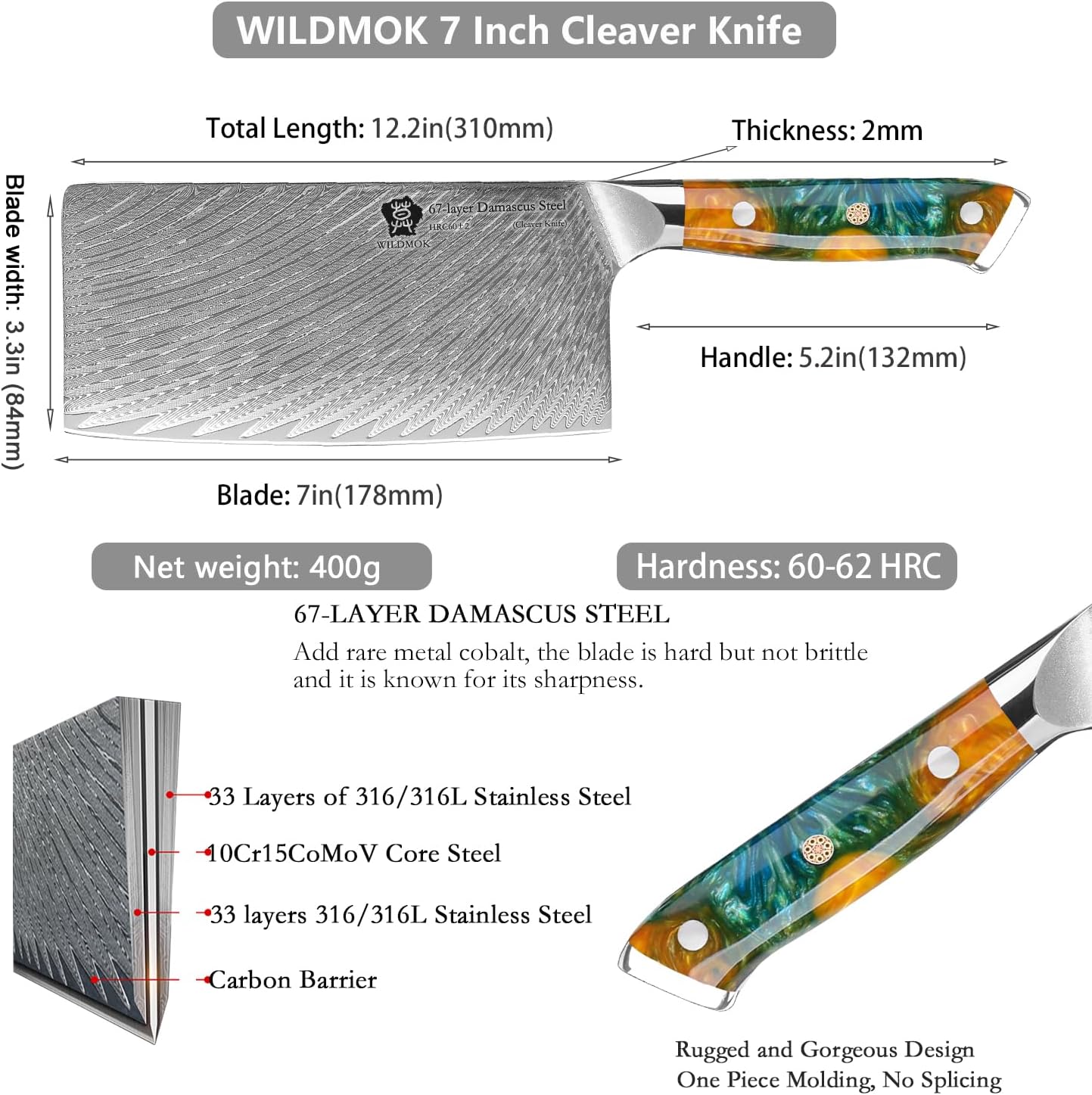 WILDMOK Damascus Boning Knife, 7 inch Super Sharp Fillet Knife, Japanese Damascus Steel, Full Tang Resin Handle, Includes Gift Box