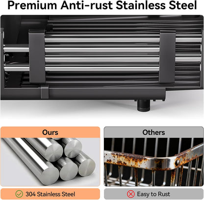 Urackify Stainless Steel Dish Drying Rack - Dish Drainer for Kitchen Counter, Extendable Drainboard with Foldable, Space-Saving Cup & Bowl Organizer, Includes Knife and Utensil Holder, Matte-Green