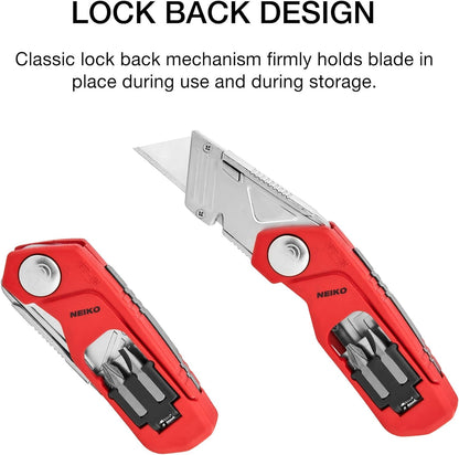 NEIKO 00678A 4-In-1 Folding Utility Knife Box Cutter Knives & Wire Stripper, Tool Hex Bit Holder Utility Work Knife & Bit Storage, Carpet Knife, Heavy Duty Box Cutter, Great work knife for men & women