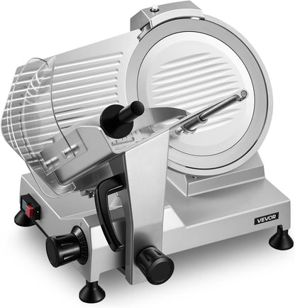 VEVOR Fully Automatic Meat Slicer, 180W + 370W Commercial Food-Slicer with 10" Carbon Steel Blade, Built-In Sharpener & 0-0.3" Adjustable Thickness for Frozen Meat, Ham, Baguett, Steak