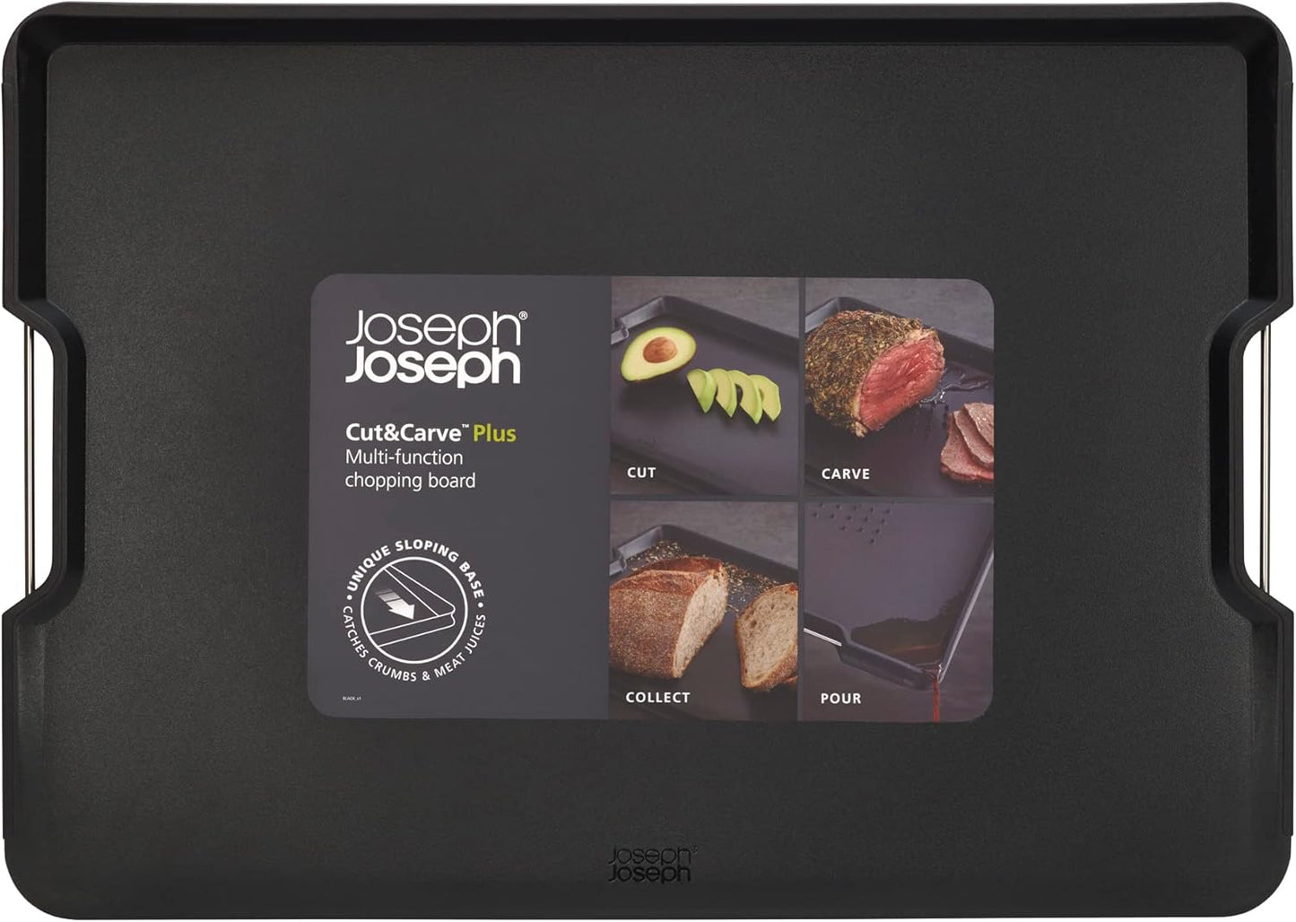 Joseph Joseph Cut&Carve Plus - Non-Slip, Multi-Function, Double-Sided Cutting Board for Food Preparation and Carving- Dishwasher Safe, Large – Black