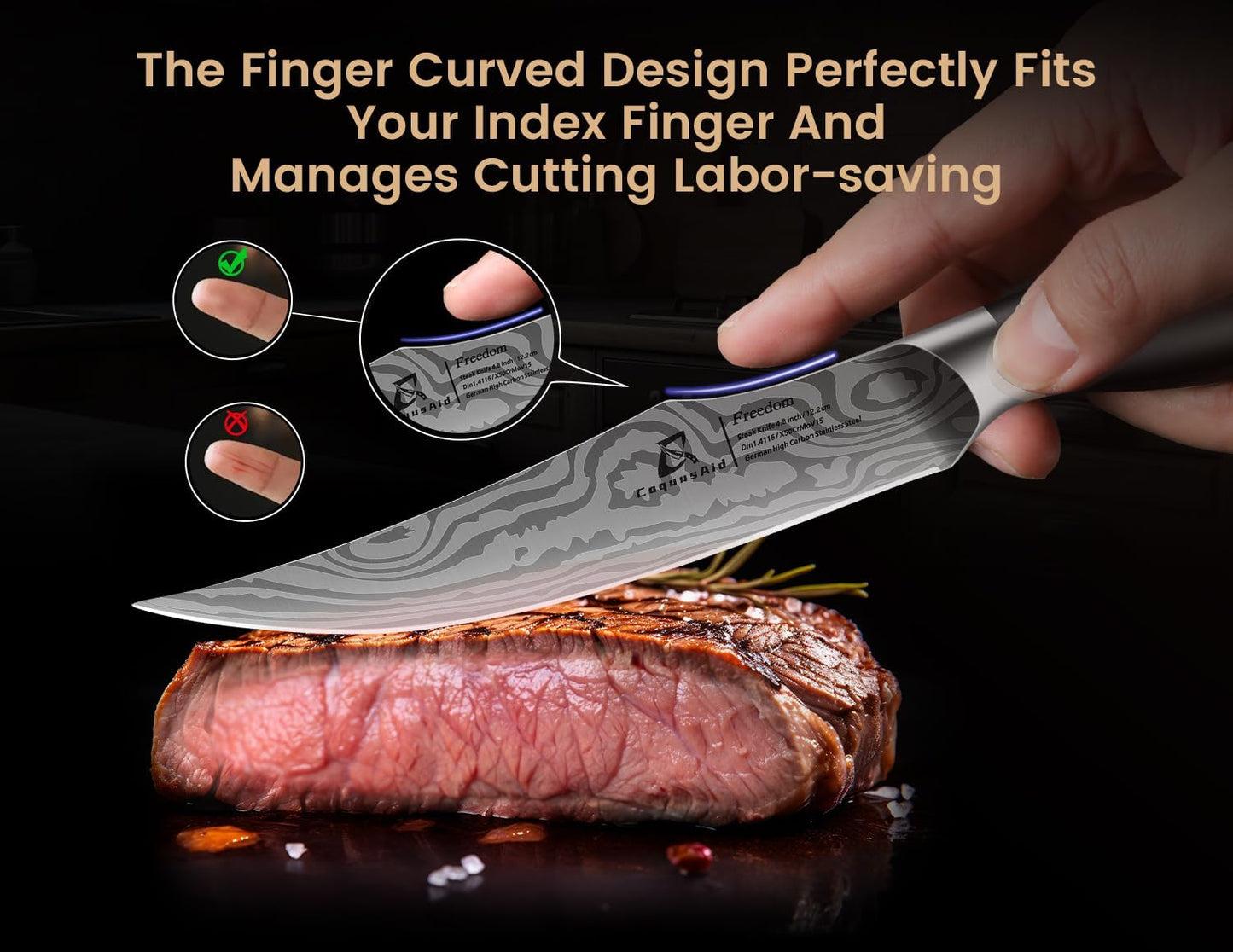 CoquusAid Steak Knives Set of 8, 4.8 Inch Straight Edge Ultra Sharp Durable Meat knives with Rest, High Carbon Stainless Steel Damascus Pattern Triple Rivet Handle, Ideal for Home Restaurant Party
