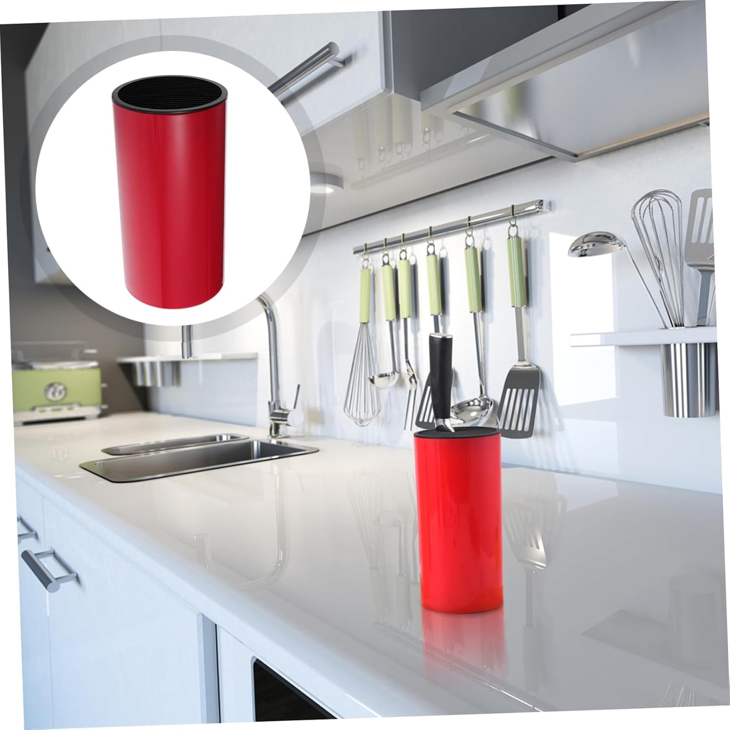 Garneck Universal Knife Block for the Kitchen - Metal Utensil Holder with Space for Kitchen Knives - Scissors and More - Practical Organiser for Drawer and Worktop - Red