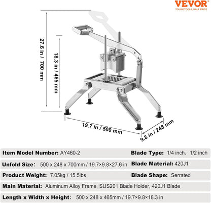 VEVOR Commercial Vegetable Slicer, 1/4 and 1/2 inch Tomato Slicer, Stainless Steel and Aluminum Alloy Vegetable Cutter Slicer, Manual Tomato Slicer with Non-slip Feet, for Tomatoes, Onions, Potatoes