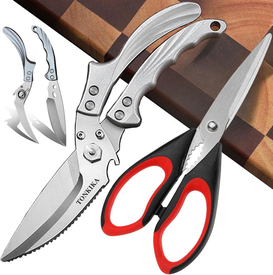 Heavy Duty Kitchen Shears, 2 Pack Detachable Poultry Scissors, Silver Black, Ambidextrous, Dishwasher Safe