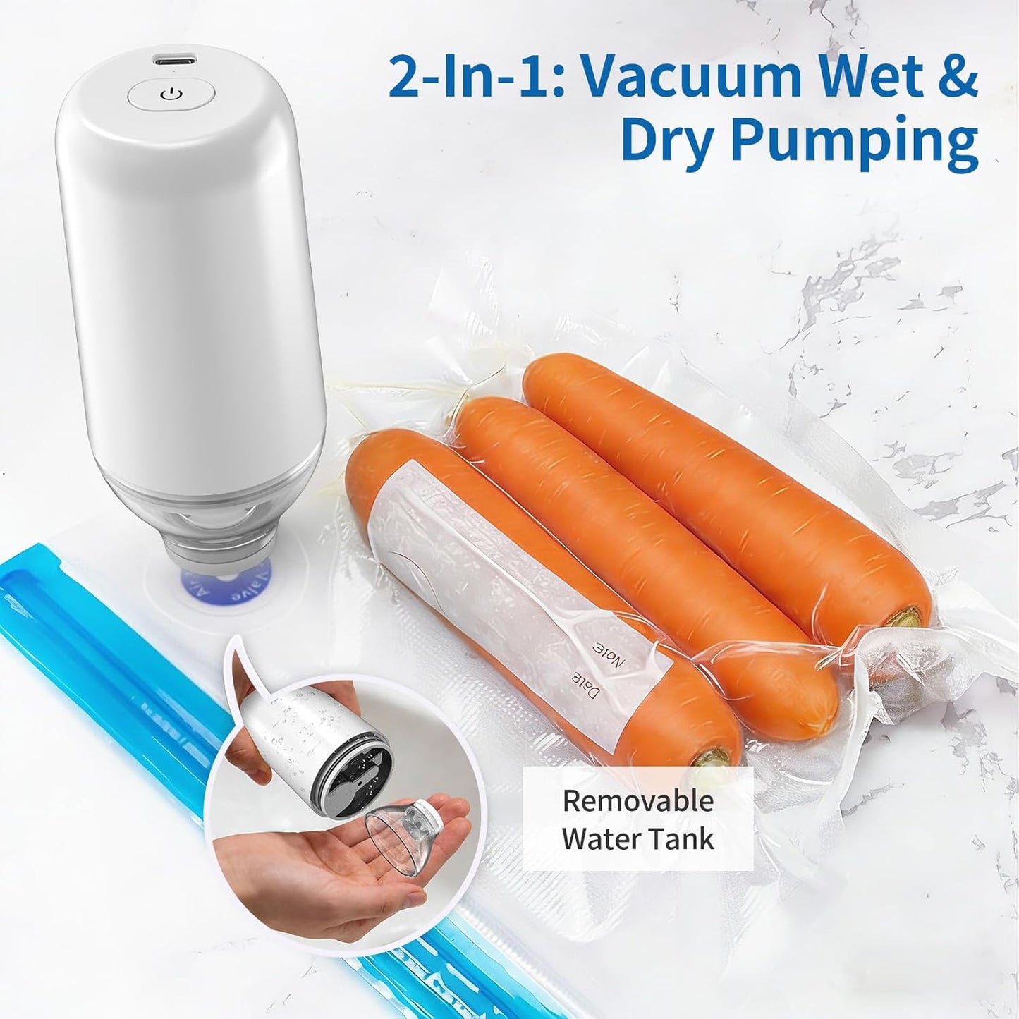 Handheld Vacuum Sealer, Sous Vide Vacuum Pump, Rechargeable Hand Held Vacuum Sealer for food Storage, Camping, Sous Vide, Reusable Vacuum Bags Compatibility, White(Pump Only)