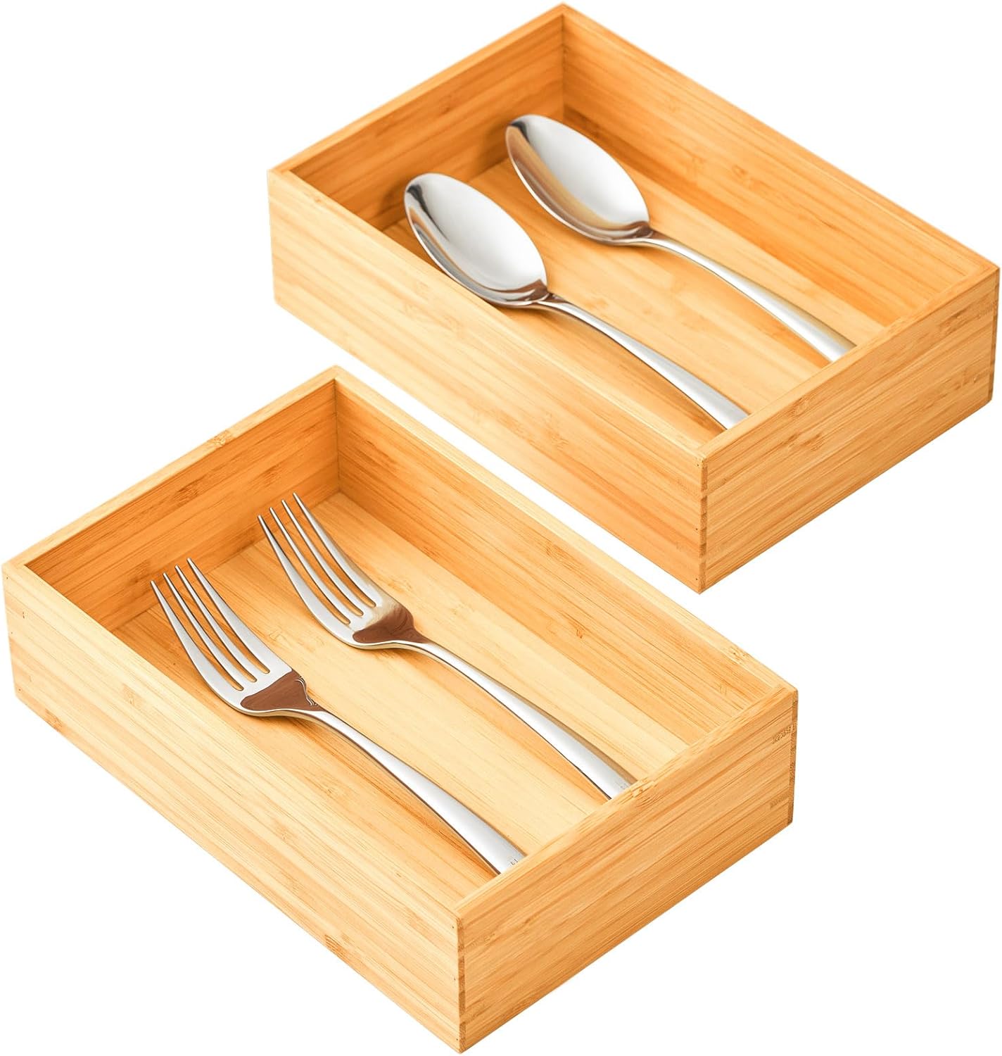 Umilife Bamboo Kitchen Utensils Organizer, Extra Long High Silverware Drawer Holder, Flatware Cutlery Storage Box, Multi-Use Drawer Divider in Office, Bathroom, Pantry - 17"x6"x2.5" (Set of 2)