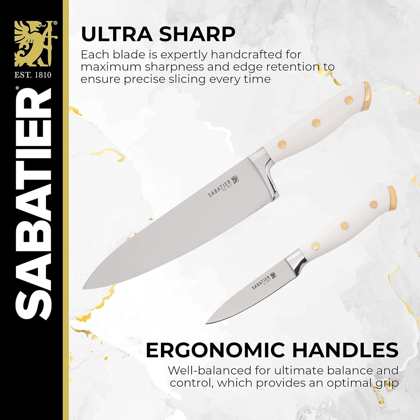 Sabatier 15-Piece Forged Triple Rivet Knife Block Set, High-Carbon Stainless Steel Kitchen Knives, Razor-Sharp Knife set with Acacia Wood Block, White Handles
