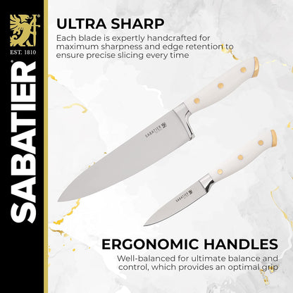 Sabatier 15-Piece Forged Triple Rivet Knife Block Set, High-Carbon Stainless Steel Kitchen Knives, Razor-Sharp Knife set with Acacia Wood Block, White Handles