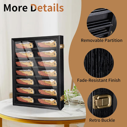 7 Row Knife Display Case for Wall Wooden Folding Knife Storage Stand with HD Tempered Glass & Removable Shelves Military Knife Organizer for Collections - Black