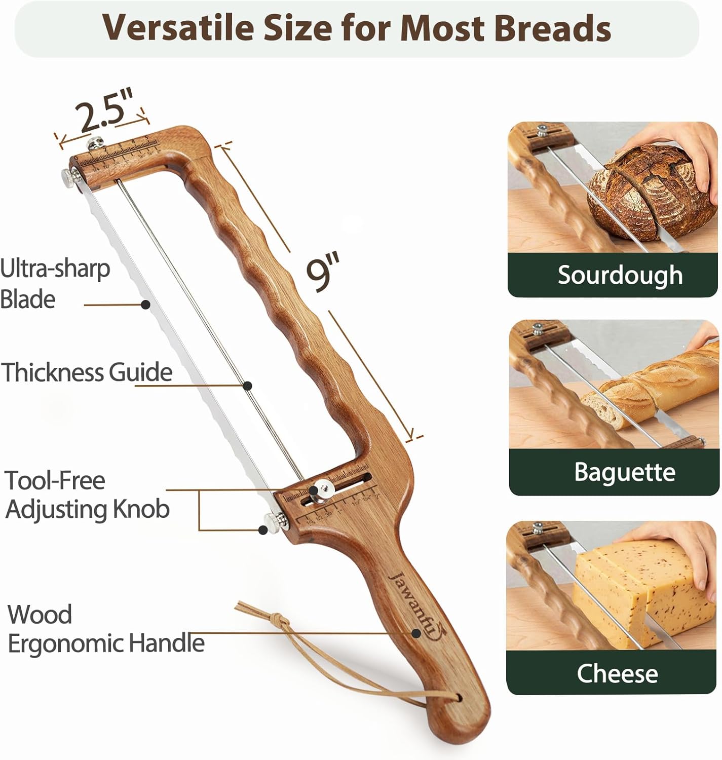 Adjustable Bread Slicer for Sourdough — Precision Homemade Bread Knife with Thickness Guide, Sharp Stainless Serrated Blade, Wooden Frame, Bread Cutter for Baguettes, Gift for Bakers, Mother's Day