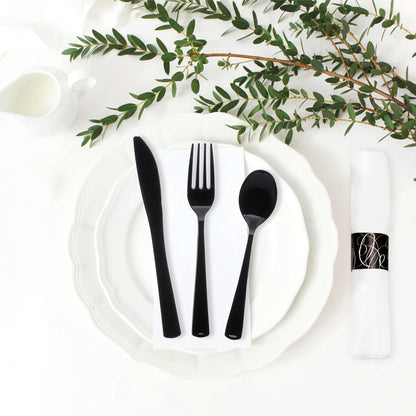 Party Essentials Pre-Rolled Disposable Extra Heavy Duty Plastic Cutlery Kit with Black Fork/Knife/Spoon and 3-Ply White Napkin (Case of 100 rolls)