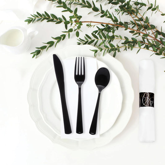 Party Essentials Pre-Rolled Disposable Extra Heavy Duty Plastic Cutlery Kit with Black Fork/Knife/Spoon and 3-Ply White Napkin (Case of 100 rolls)
