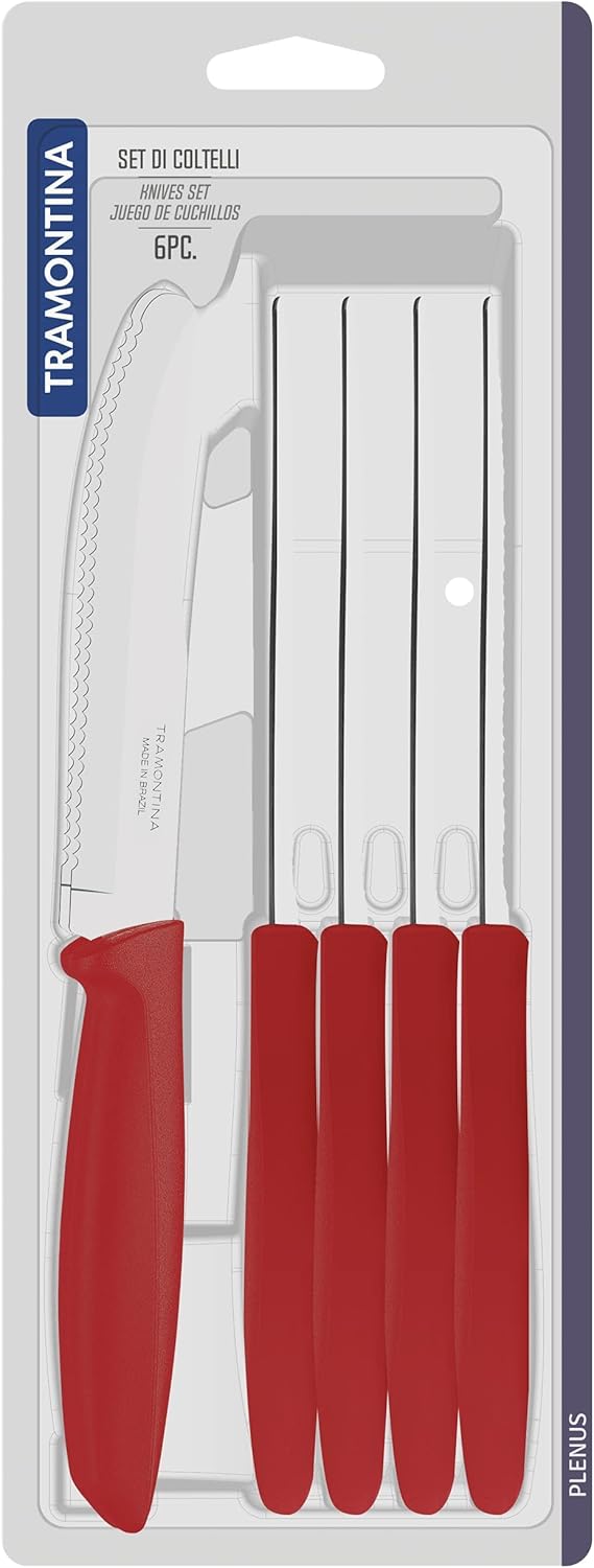 Tramontina Kitchen Knives Set of 6, Serrated Fruit Tomato Cooking Knife, Vegetable Chopper Peeler, Stainless Steel, Multipurpose, Pointed Tip, Brown, 23498454
