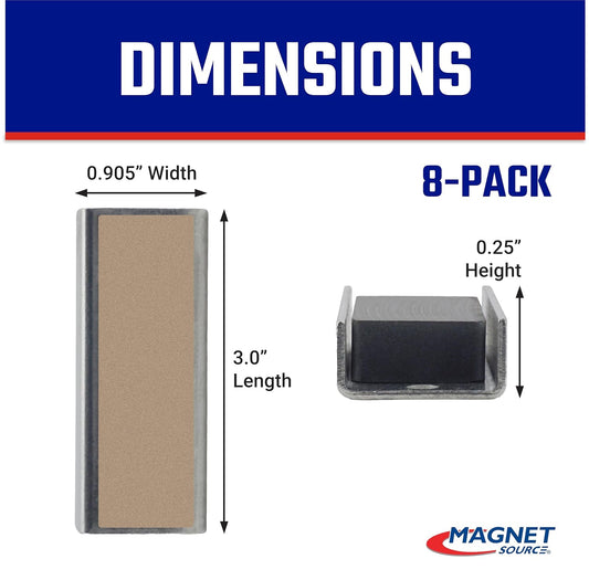 Master Magnetics Ceramic Channel Magnet Pack - Heavy-Duty Strong Magnets - 22 lb Pull Each - Double-Sided Adhesive Foam Backing - Nickel-Plated Base - 3” L x 0.905” W x 0.25” H - 8-Pack