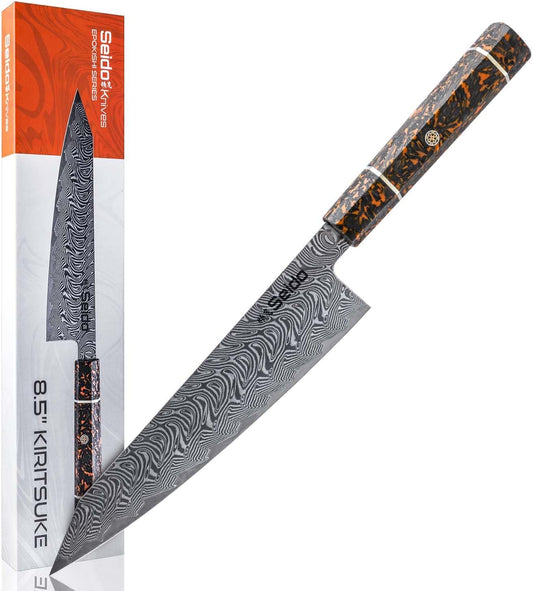 Epokishi 8.5-Inch Japanese Kiritsuke Knife – Premium AUS-10 Steel with 67 Layers Damascus – Vibrant Orange Resin – Japanese Kiritsuke Knife