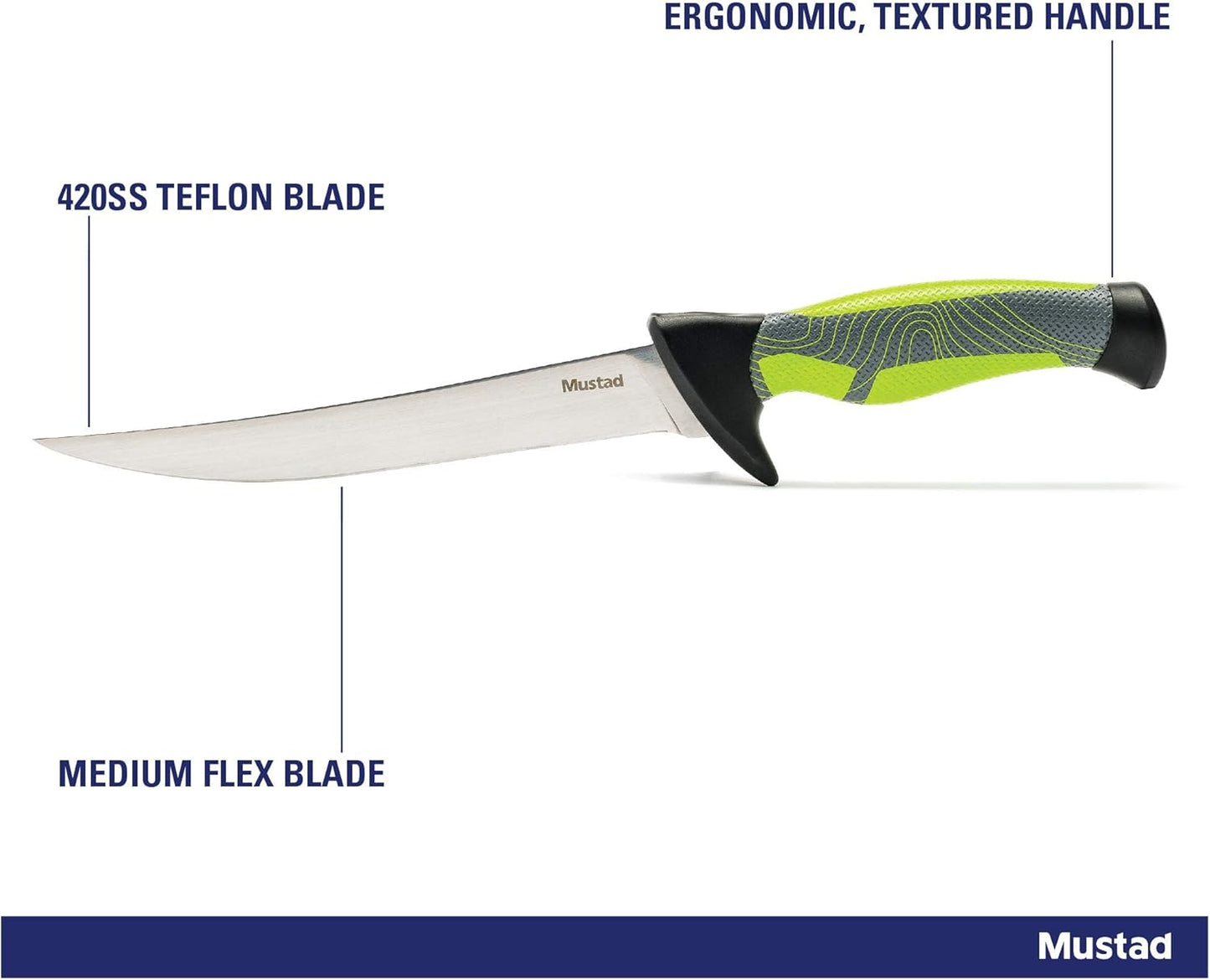 Mustad Fillet Knife, Ergonomic Handle, Textured Grip, Teflon Coated Stainless Steel Blade