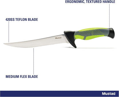 Mustad Fillet Knife, Ergonomic Handle, Textured Grip, Teflon Coated Stainless Steel Blade