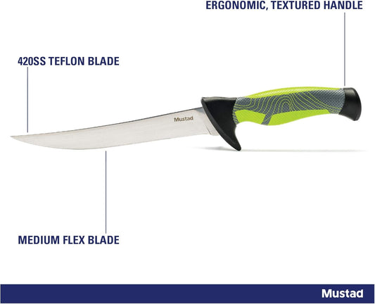 Mustad Fillet Knife, Ergonomic Handle, Textured Grip, Teflon Coated Stainless Steel Blade