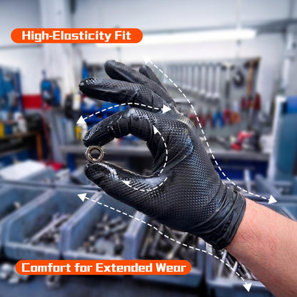 ANBOSON 10mil Heavy Duty Nitrile Gloves Large Black Disposable Rubber Gloves with Diamond Grip Anti Chemical Puncture Resistant Mechanics Guantes for Men/Auto repair/Cooking/Food Grade-Latex Free-100