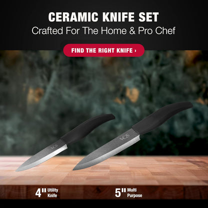 Vos ceramic knives set for kitchen in gift box, 5 ceramic knife with cover with scissors, 3" 4" 5" 6" ultra sharp knives for home cooks, lightweight, rust-free, dishwasher safe (Black handle)