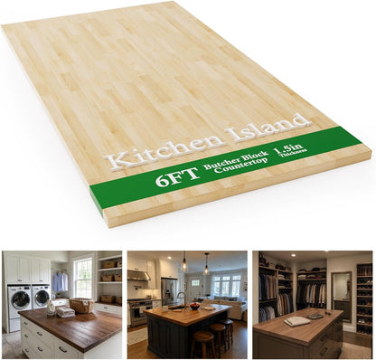 4FT Butcher Block Countertop Birch Solid Wood - 50" x 25" Table Top Butcher Block Cutting Board for Kitchen Island Cart Living Dining Office Desk Workbench Washer Dryer Countertop Unfinished 1.5" Th