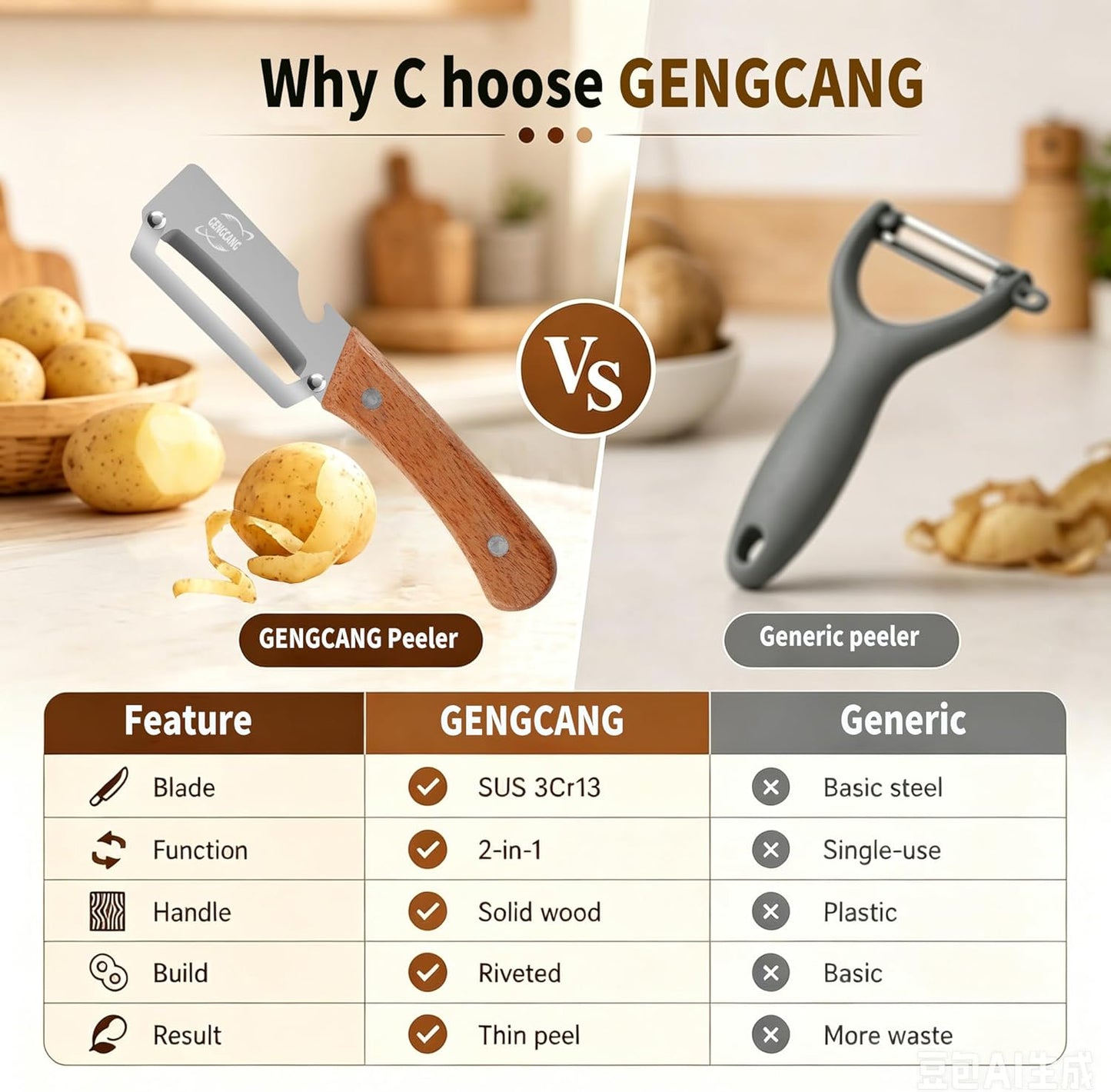 Multi-Functional Vegetable Peeler, Non-Slip Wooden Handle with Sharp Stainless Steel Blade, Built-in Bottle Opener - Perfect Kitchen Peeler For Veggie, Fruit, Potato, Carrot, Apple