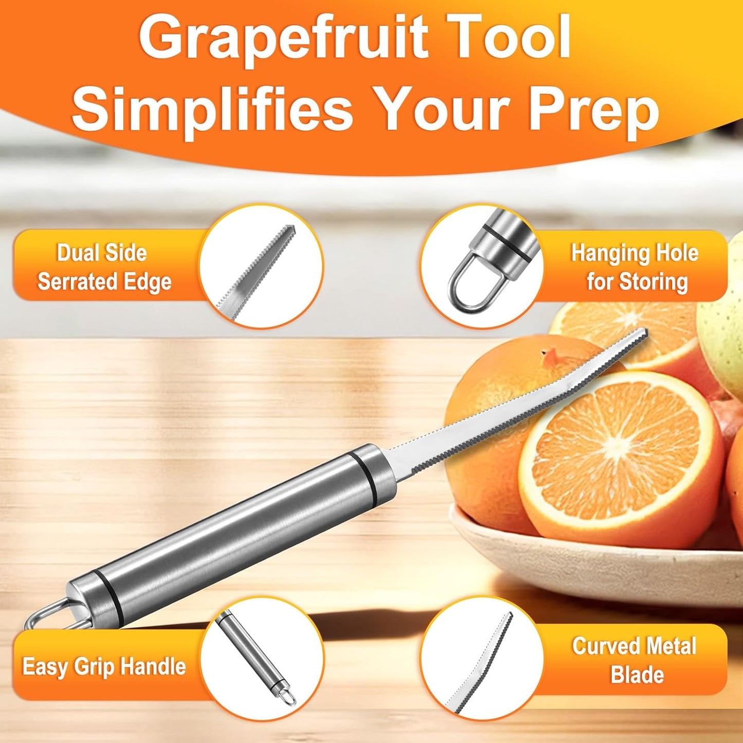 Grapefruit Knives 2 Pack, Stainless Steel Grapefruit Utensil Knife, Serrated Edge & Thick Gauge Handle, Kitchen Tool with Non-stick Plating for Kiwi, Mango, Dessert, Apple, Citrus Fruit