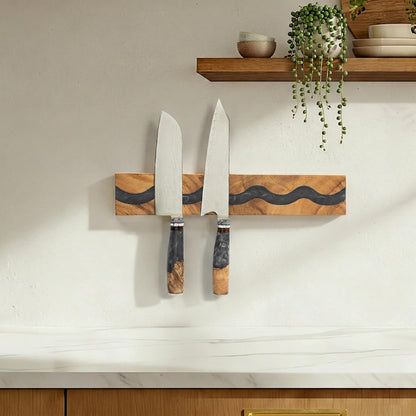 Magnetic Knife Holder, 15.7 Inch Walnut Wood and Resin Magnetic Knife Bar for Wall, Heavy Duty Magnet Holds 8 Knives, Handcrafted Ocean Blue (Ocean's Embrace)