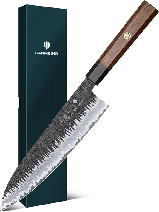 8 Inch Japanese Chef Knife, Hand Forged Gyuto Knife 9 Layers High Carbon 10CR15MOV Steel Kitchen Knife Ultra Sharp & Durable Professional Japanese Sashimi Knife with Ergonomic Rosewood Handle
