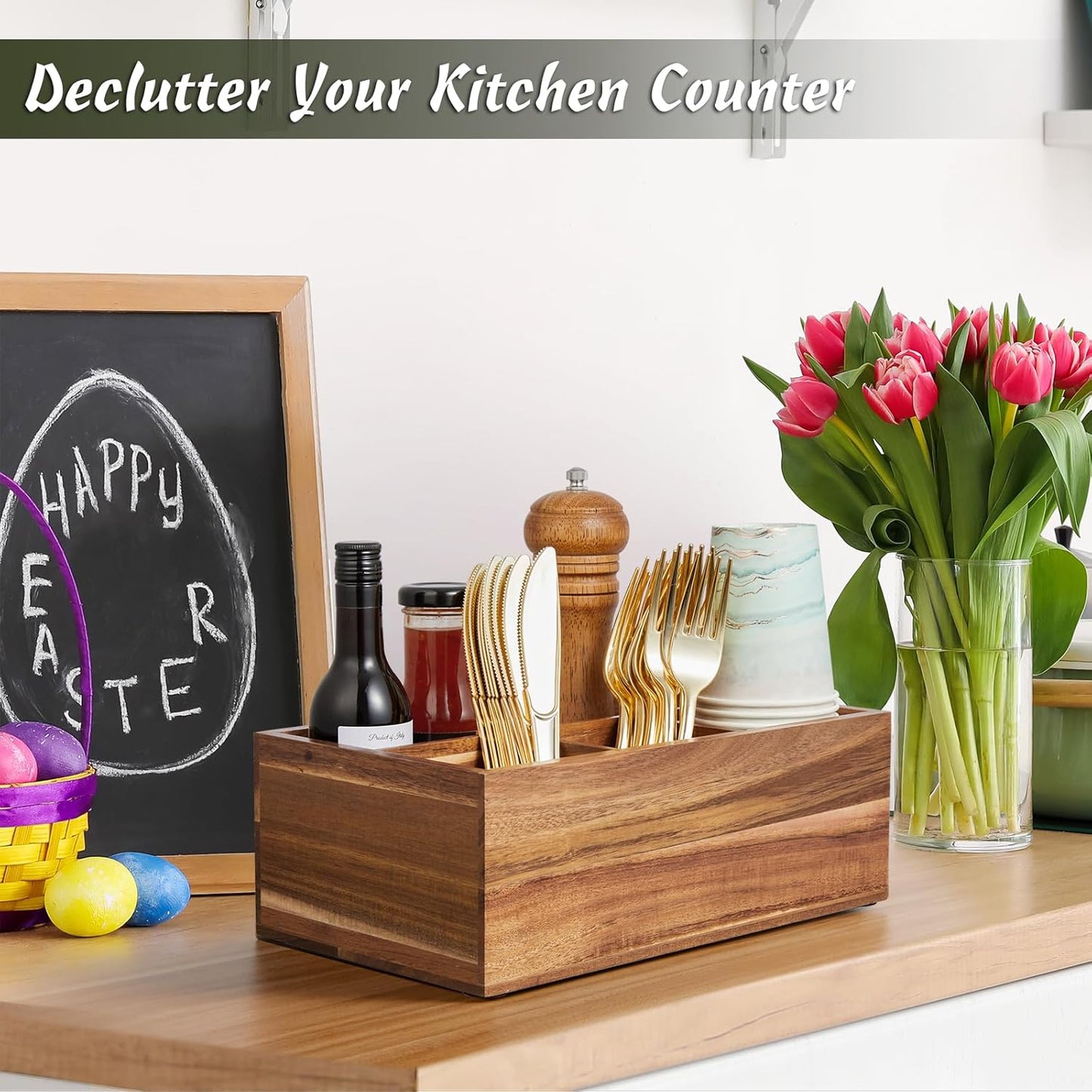 DRASTAR Utensil Holder, Wooden Silverware Caddy, Picnic Cutlery Organizer, Countertop Silverware Holder for Party, Pink