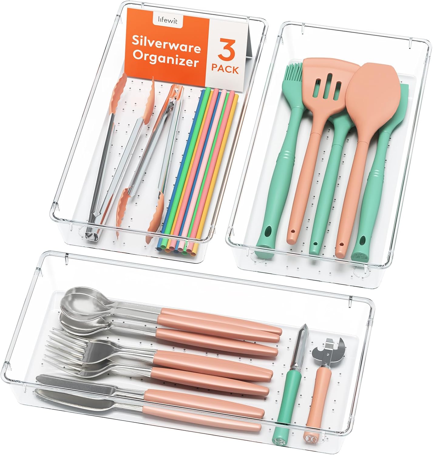 Lifewit Silverware Drawer Organizer, 5.75" x 11.65" Clear Utensil Tray for Kitchen Drawer, Stackable Plastic Flatware and Cutlery Storage Box Divider for Spoons Forks Knives Tools, 2 Pack