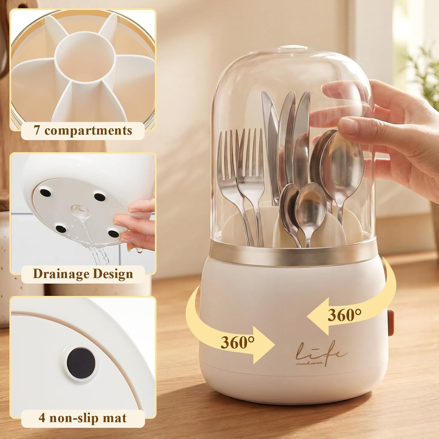 2 Pack 360° Rotating Silverware Organizer, Utensil Holder with Lid for Kitchen Counter Silverware Caddy with Drainage Dustproof Flatware Holder for Cutlery Spoon Fork(Diamond White,3 Slot)