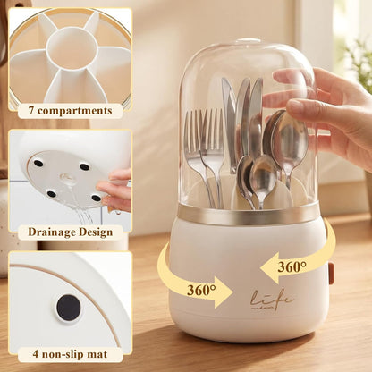 2 Pack 360° Rotating Silverware Organizer, Utensil Holder with Lid for Kitchen Counter Silverware Caddy with Drainage Dustproof Flatware Holder for Cutlery Spoon Fork(Diamond White,3 Slot)