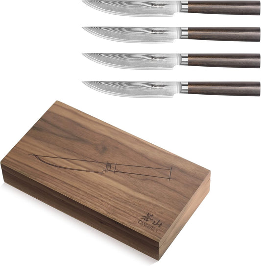 Cangshan HAKU Series 4-Piece Fine-Edge Steak Knife Set with Walnut Box, Forged X-7 Damascus Steel, 501141